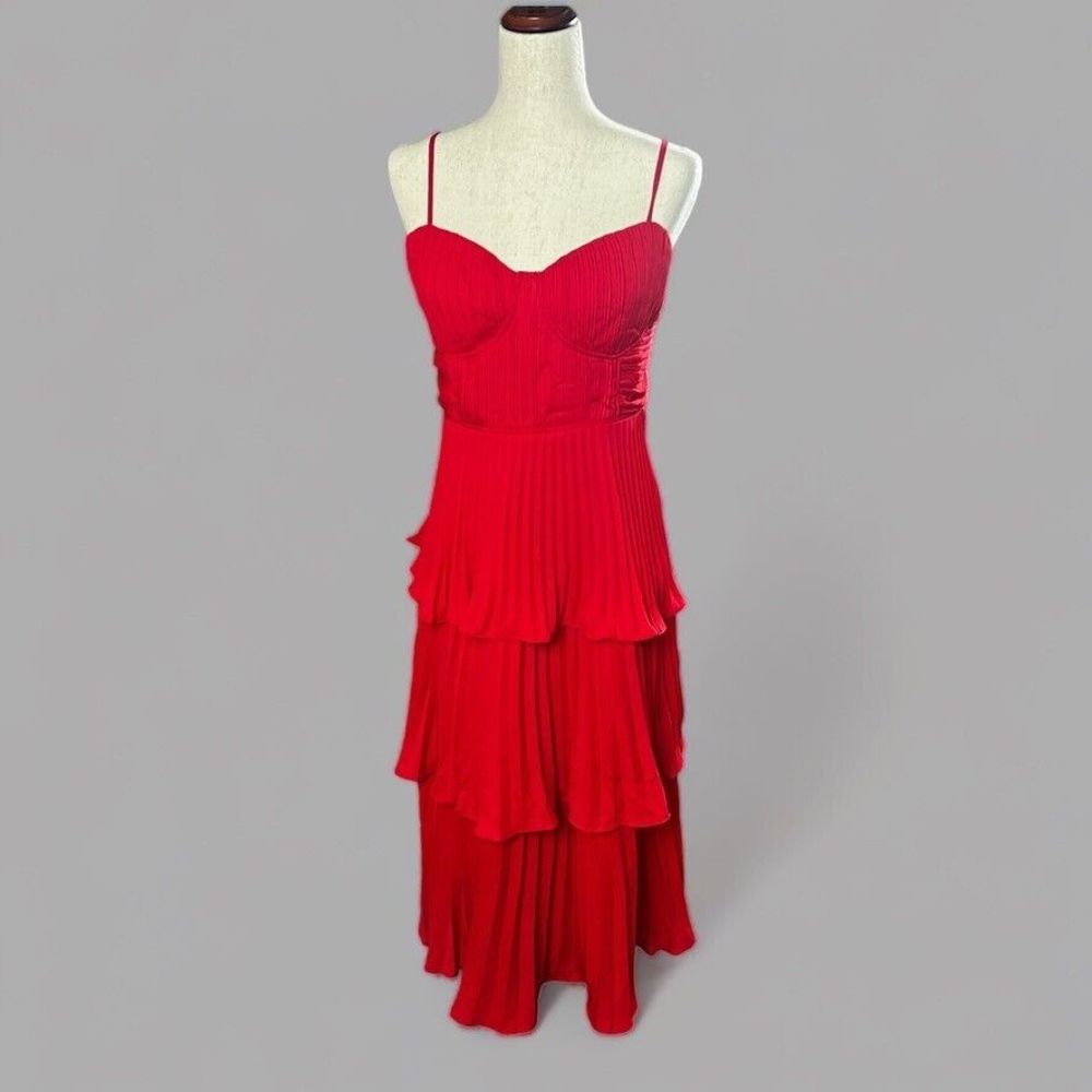 Lulus NWT Cascading Crush Red Tiered Bustier Midi Pleated Dress Size XL